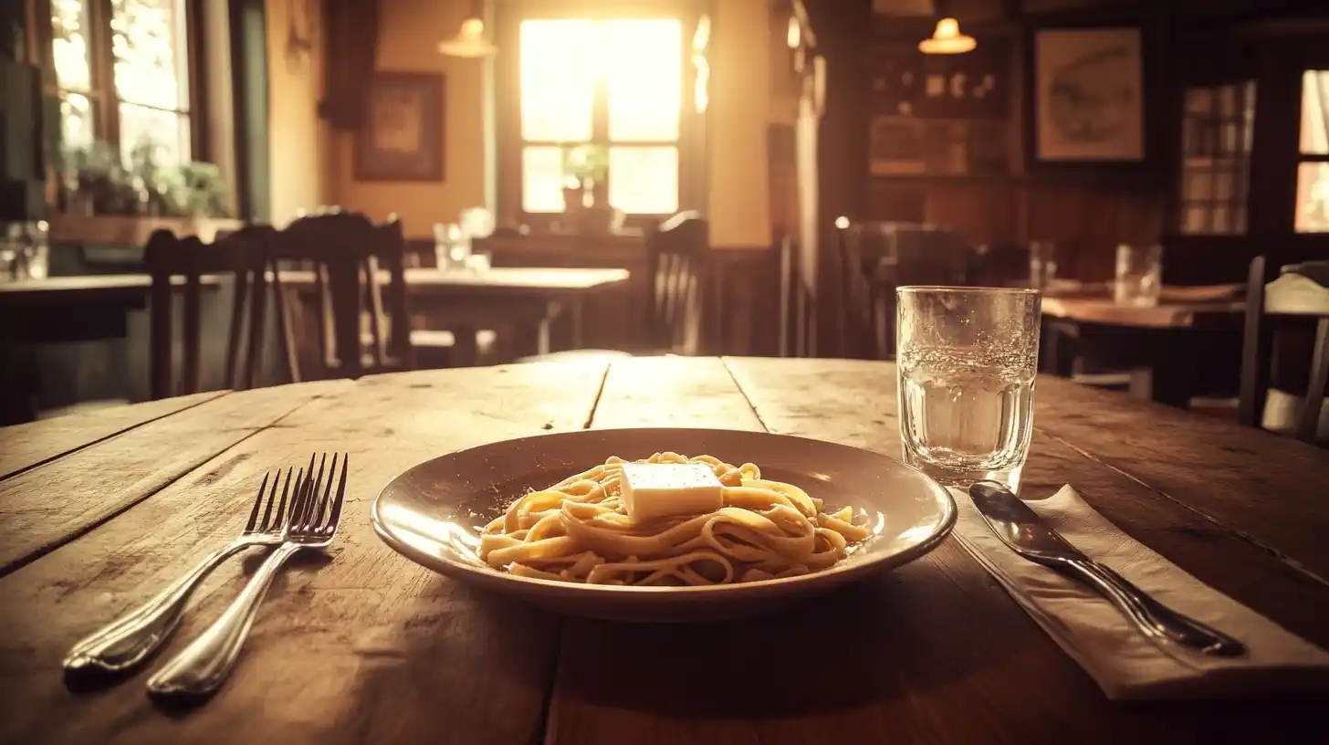 Rustic Italian restaurant table with classic butter-and-Parmesan fettuccine pasta.