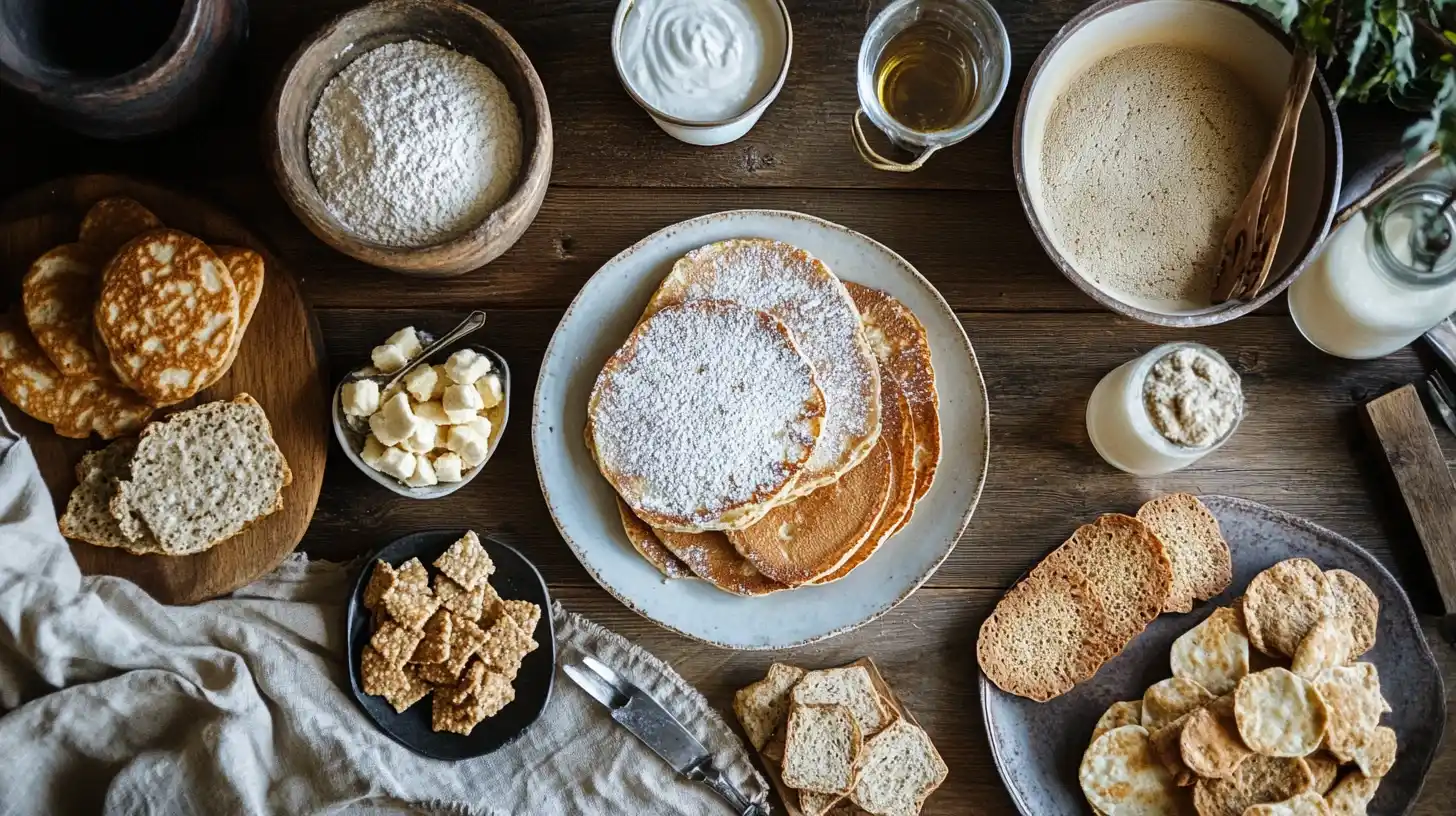 A table featuring homemade dishes made with buckwheat flour, including pancakes, bread, and crackers.