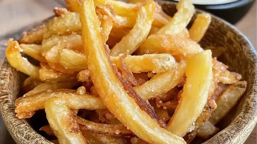 Crispy onion french fries in a rustic basket with aioli