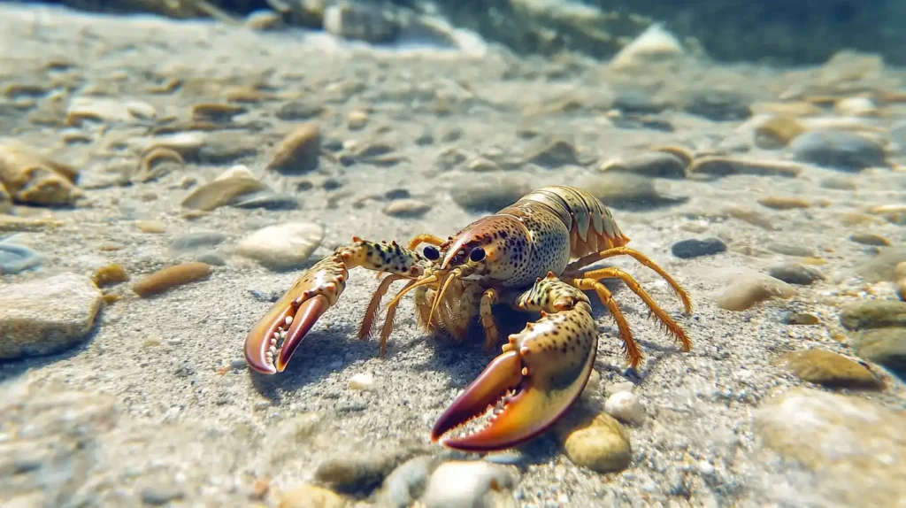 A lobster resting on a rocky ocean floor in its natural habitat.