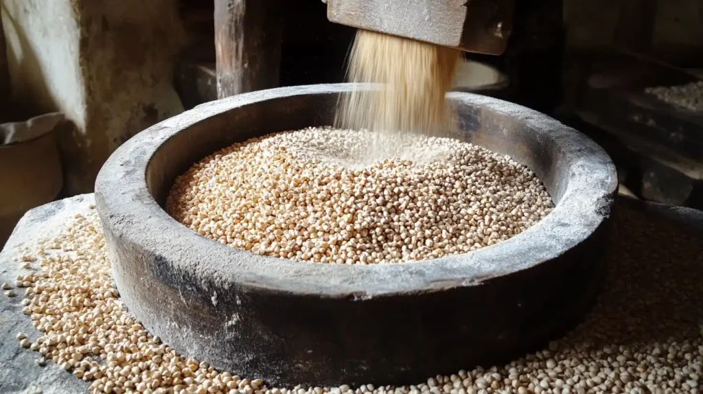 Buckwheat groats being milled into flour using a traditional stone grinder.