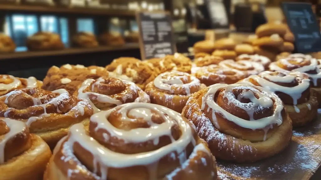 Bakery counter displaying Cinnabon rolls with other baked goods.