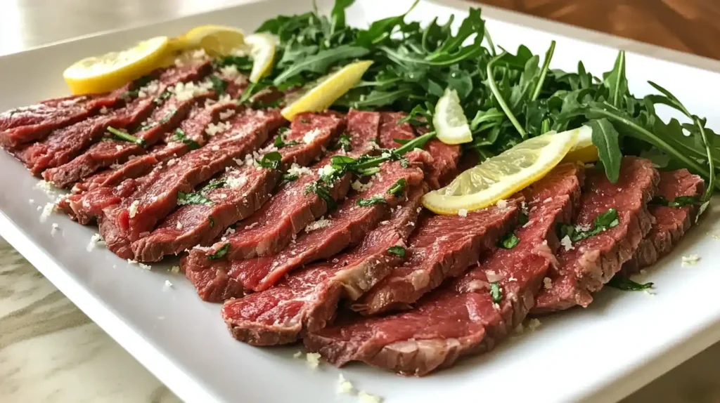 Thinly sliced beef carpaccio garnished with arugula and Parmesan.