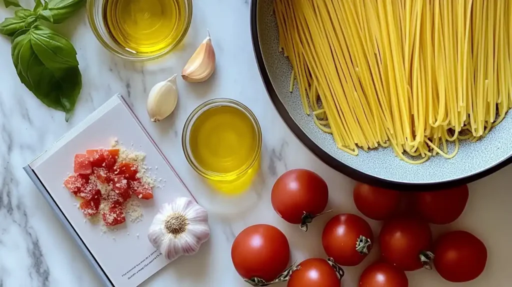 Cookbook with spaghetti recipe and fresh pasta ingredients.