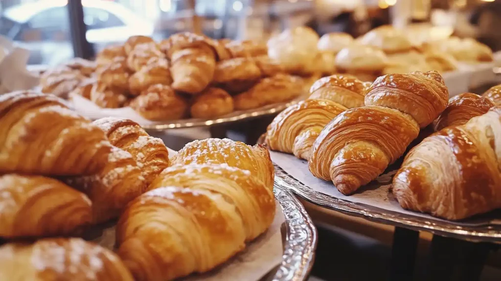 Parisian bakery interior with croissants and cookies on display