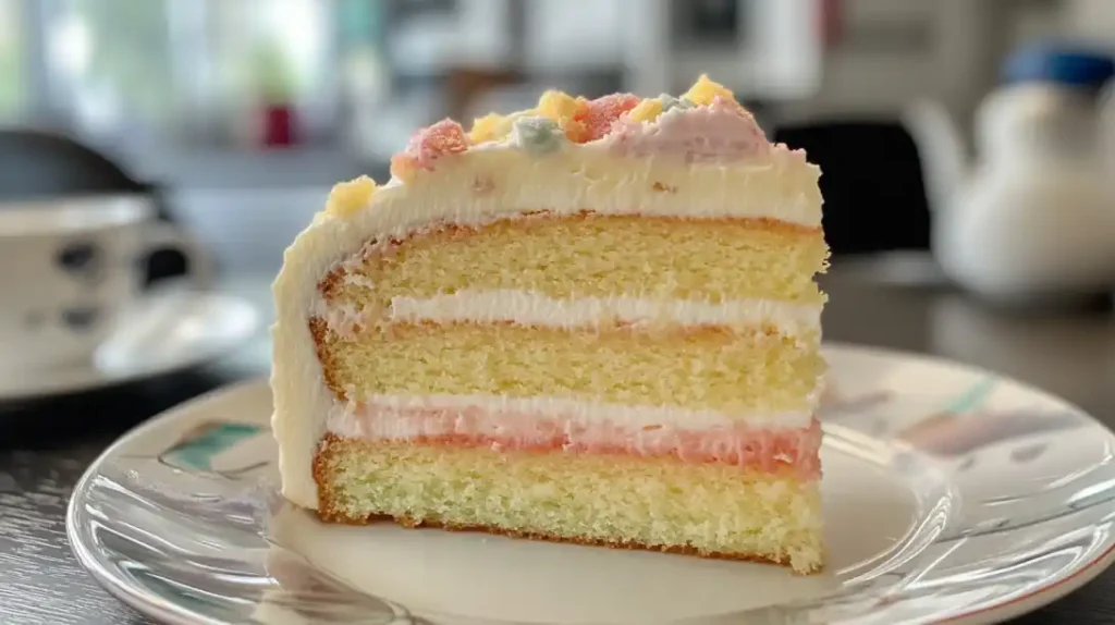 Close-up of sliced princess cake showing layers of sponge, cream, and jam.