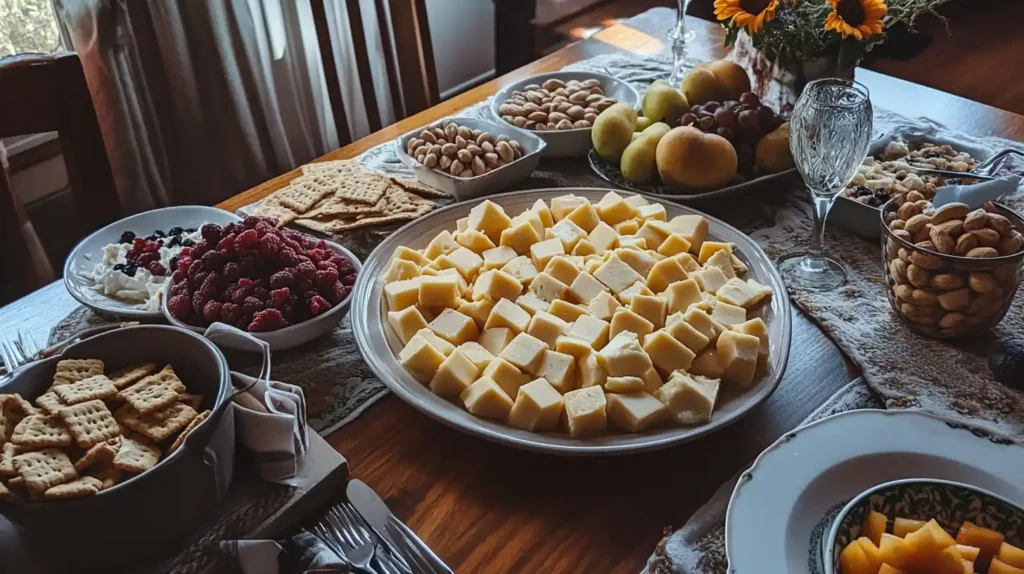 Colby Jack cheese cubes with fruits, nuts, and crackers on a table spread