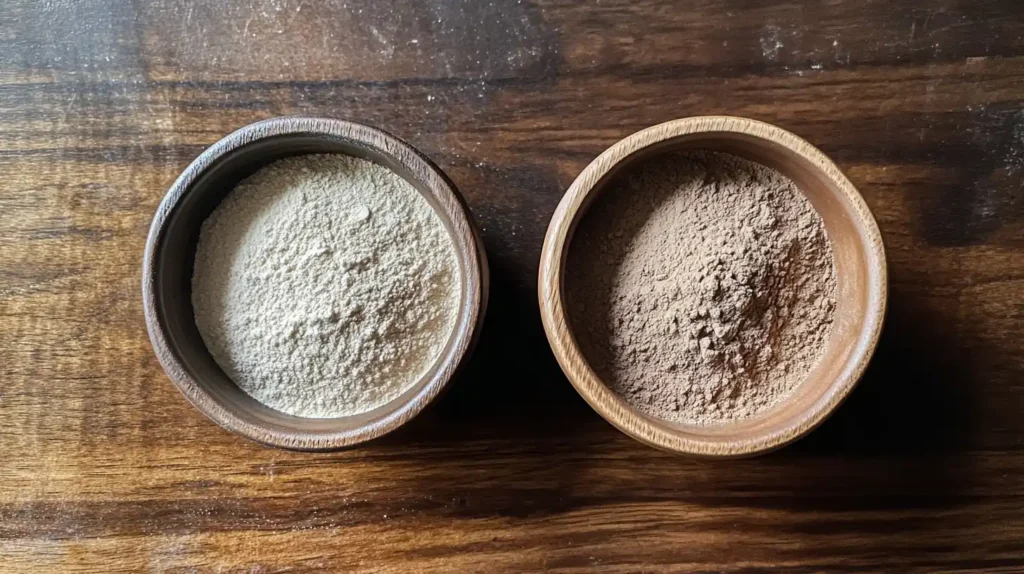 Side-by-side comparison of light and dark buckwheat flour in two wooden bowls.