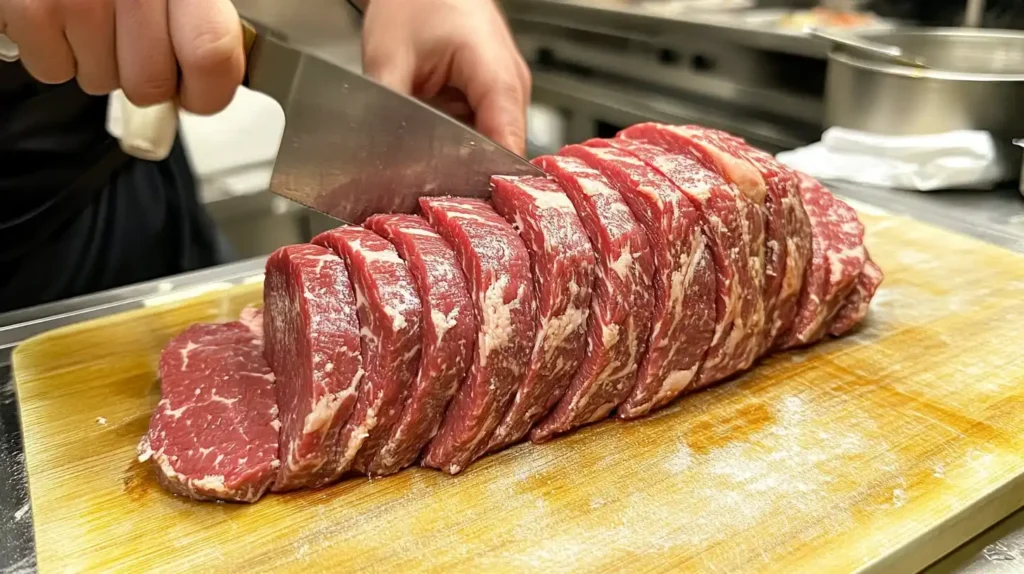 Chef slicing beef thinly on a wooden cutting board.