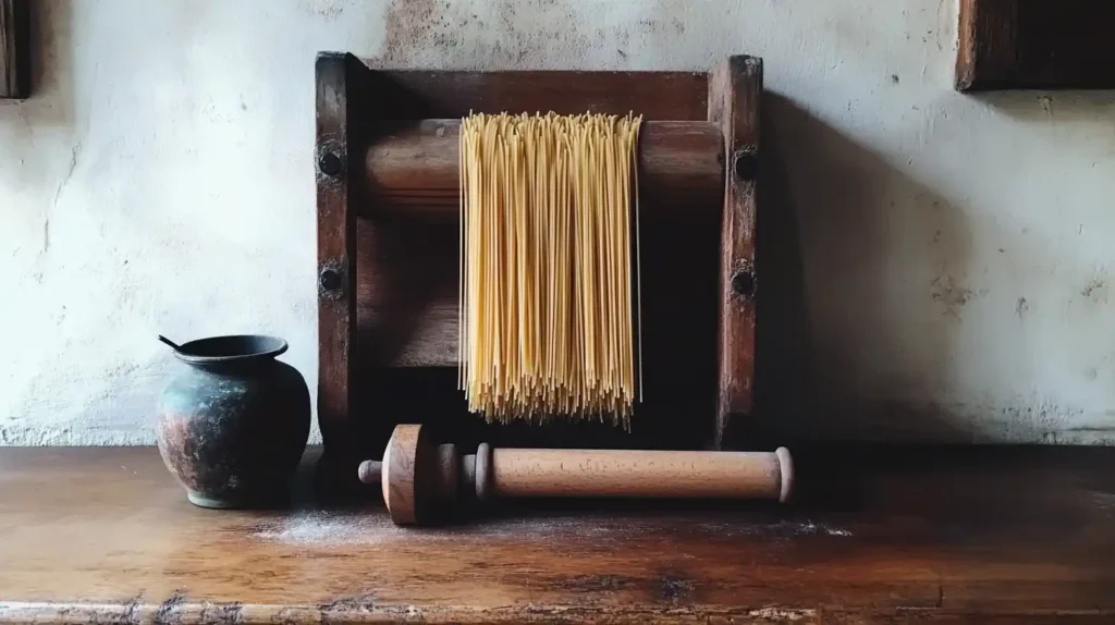Traditional Italian pasta-making tools with dried spaghetti