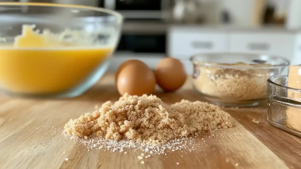 Key ingredients for soft cookies—brown sugar, corn syrup, and egg yolks on a wooden countertop.
