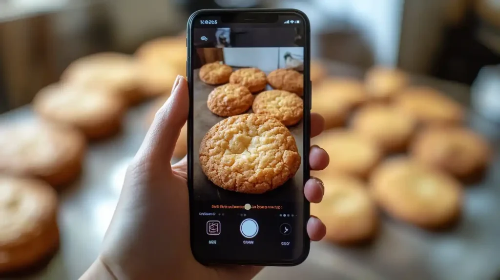 "Hand holding a crookie in front of a TikTok video showcasing the dessert"