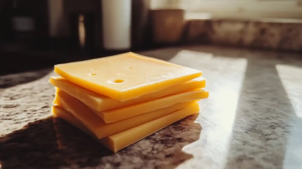 Stack of Colby Jack cheese slices on a kitchen countertop with natural light
