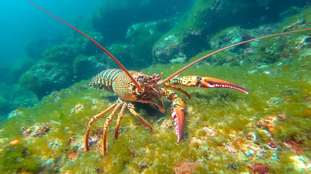 A spiny lobster with long antennae, showing how it survives without claws.