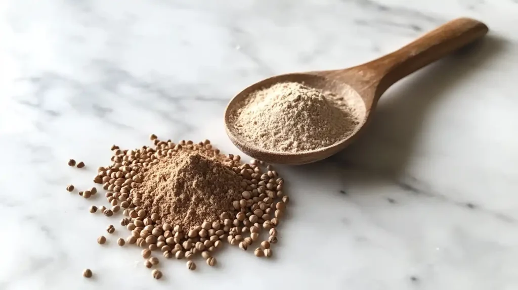 A wooden spoon with buckwheat flour next to raw buckwheat groats on a wooden surface.