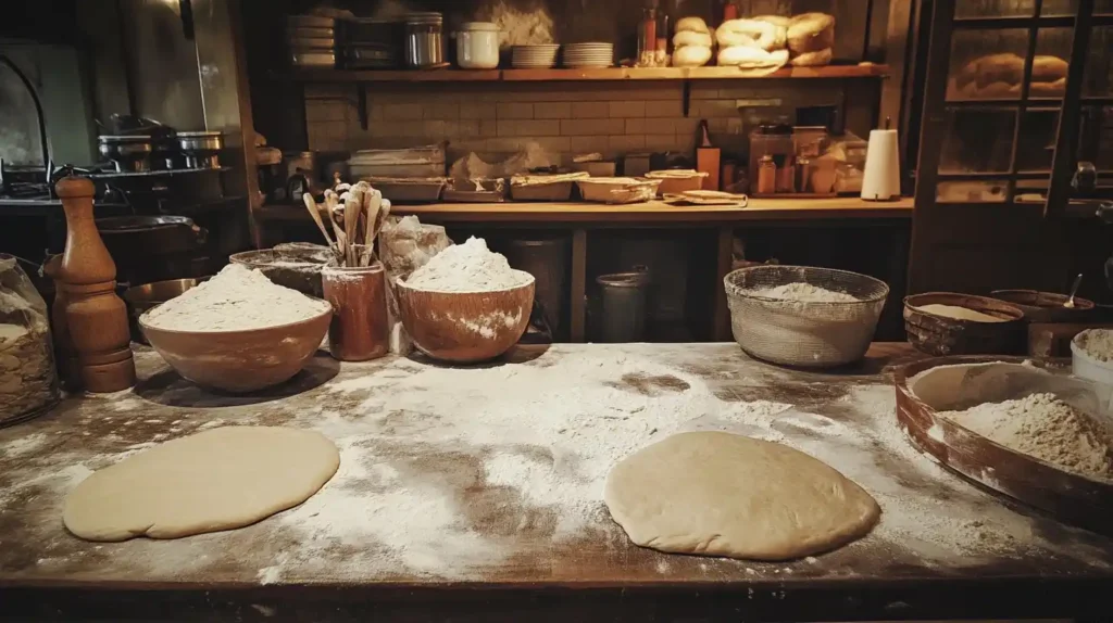 Old-style bakery kitchen with dough and ingredients.