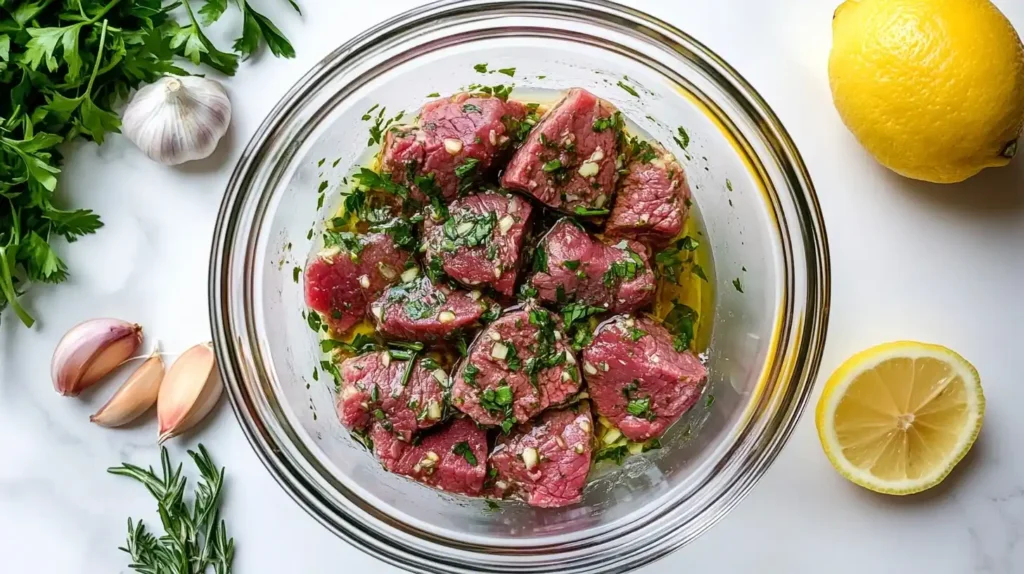 Marinated beef slices with fresh herbs, garlic, and lemon.