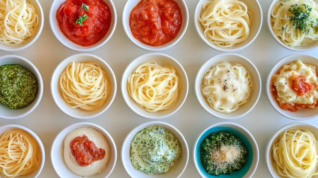 Plates of spaghetti with marinara, pesto, and Alfredo sauces.