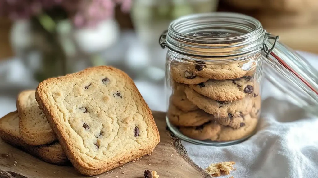 Soft cookies stored in an airtight glass jar with a slice of white bread to keep them fresh.