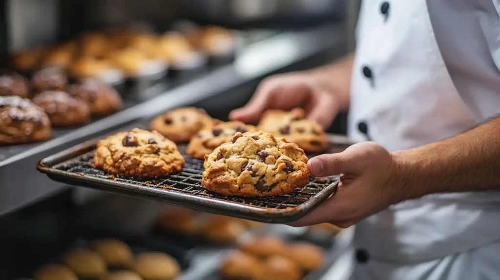 "Chef holding a crookie on a baking tray with pastries in the background"