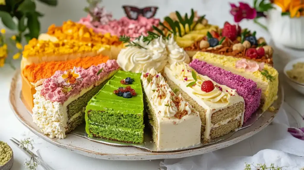 A variety of princess cakes from around the world with different colors and flavors.