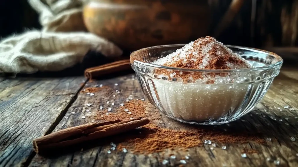 Glass bowl filled with sugar and cinnamon powder on a rustic wooden table.