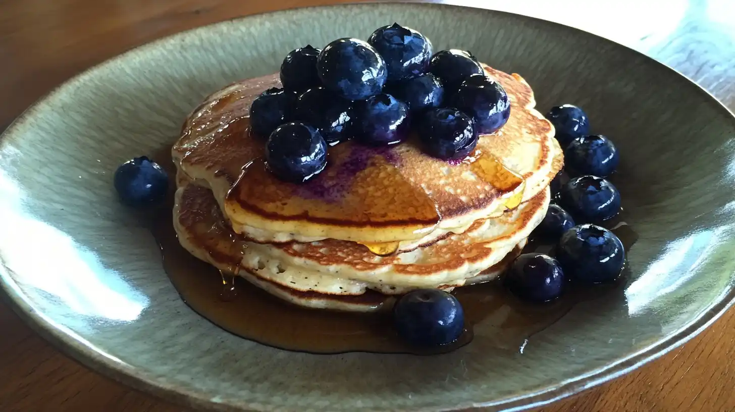 A stack of blueberry pancakes with fresh blueberries and honey on a rustic table.