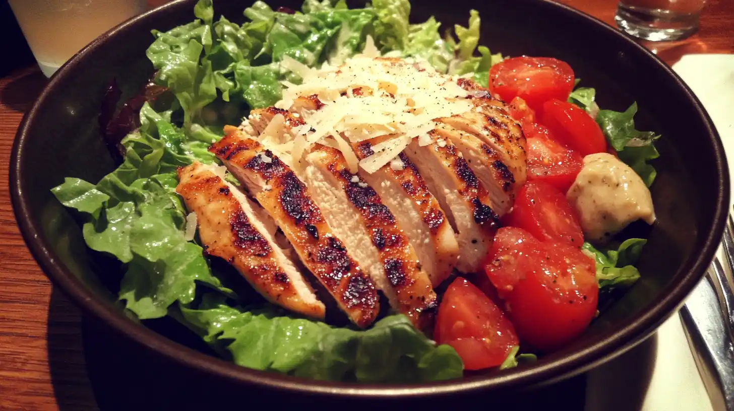 "Olive Garden-style salad with grilled chicken, crisp lettuce, tomatoes, and Parmesan."