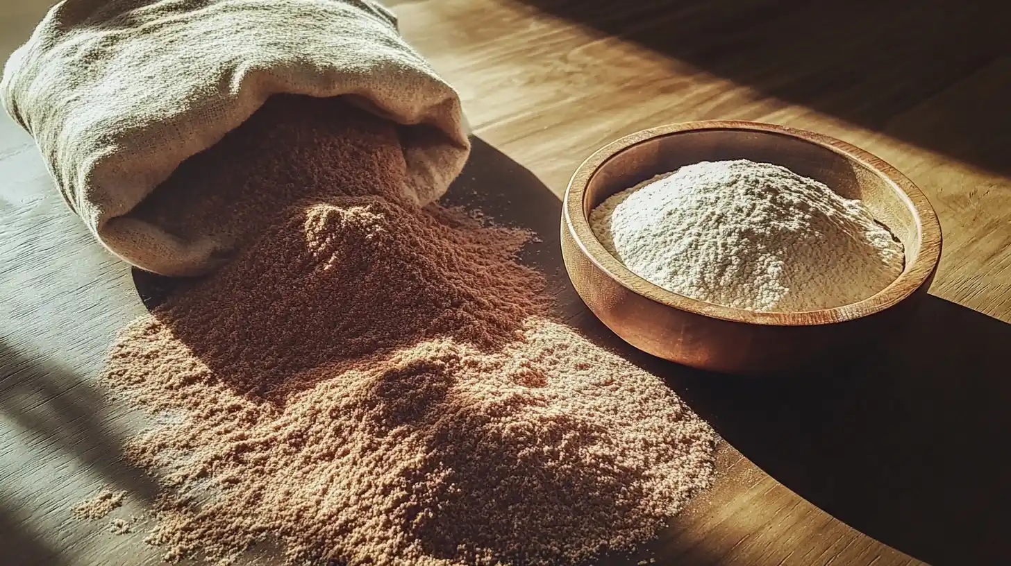 Buckwheat flour and regular flour on a wooden kitchen counter, highlighting their differences in texture and color.