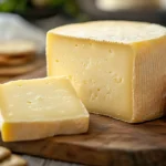 "Colby Jack cheese blocks and slices with fruits and crackers on a wooden board."