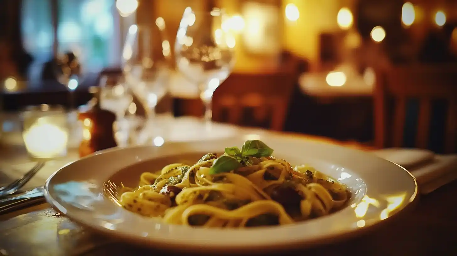 A mouthwatering plate of pasta with basil pesto in an Italian restaurant setting, fresh and aromatic.