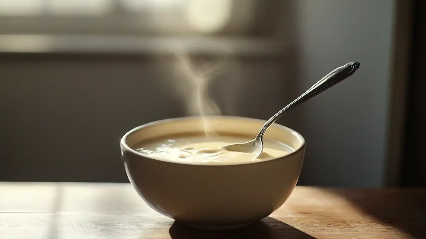 A creamy bowl of soup with a spoon stirring, showing a rich and smooth texture.