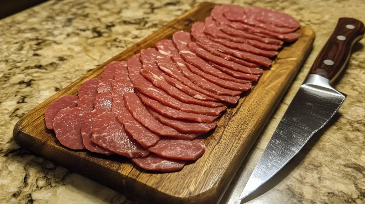 Thinly sliced beef on a wooden cutting board with a sharp knife beside it.