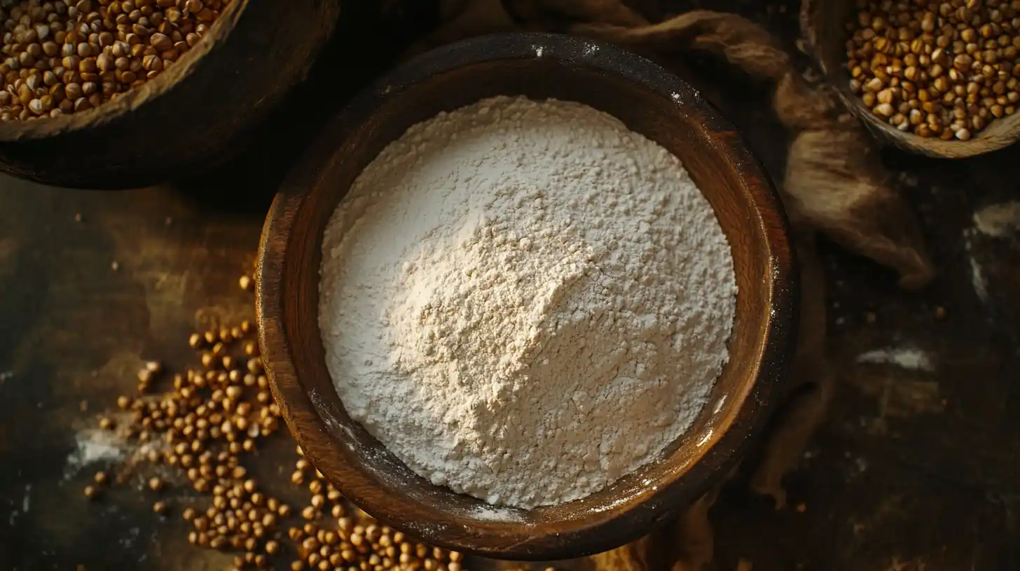 Rustic wooden bowl filled with organic buckwheat flour, with raw buckwheat groats scattered around.