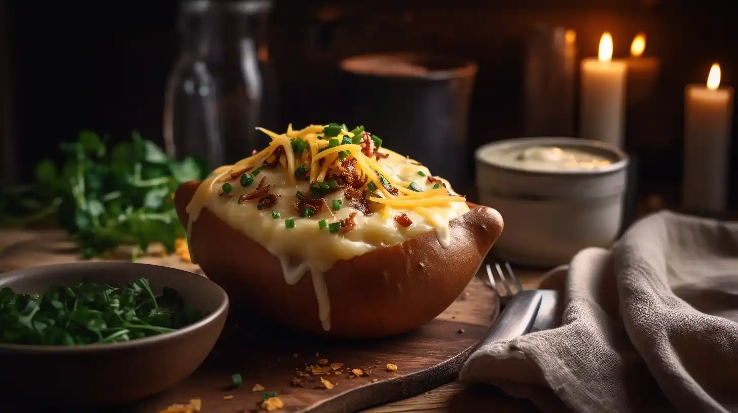 A steaming bowl of creamy baked potato soup garnished with cheese and herbs, placed on a rustic wooden table.