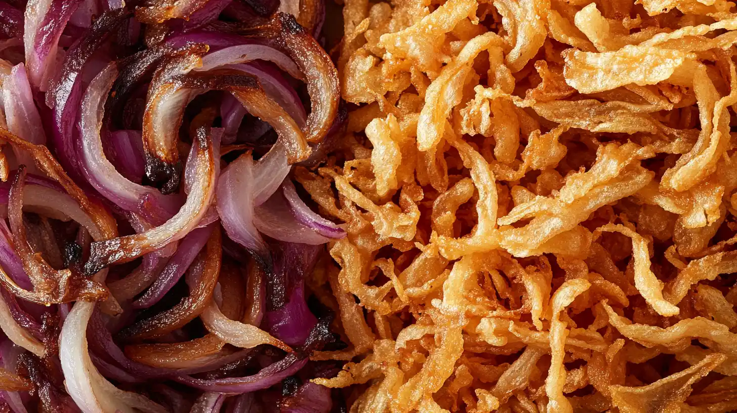 "Crispy fried shallots vs. fried onions side by side, highlighting their texture and color differences."