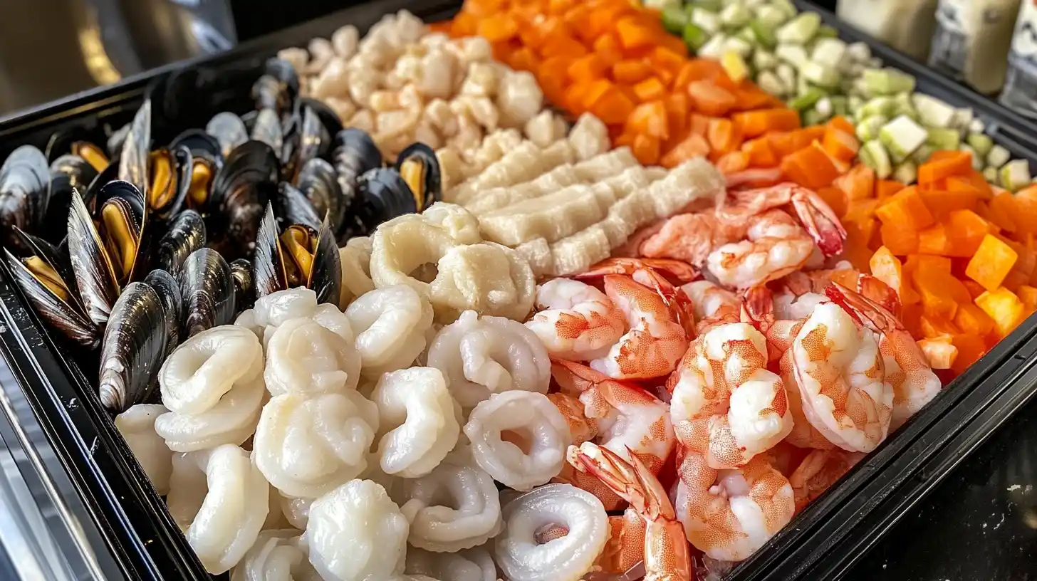 Frozen seafood mix including shrimp, calamari, mussels, and scallops in a fresh frozen state.