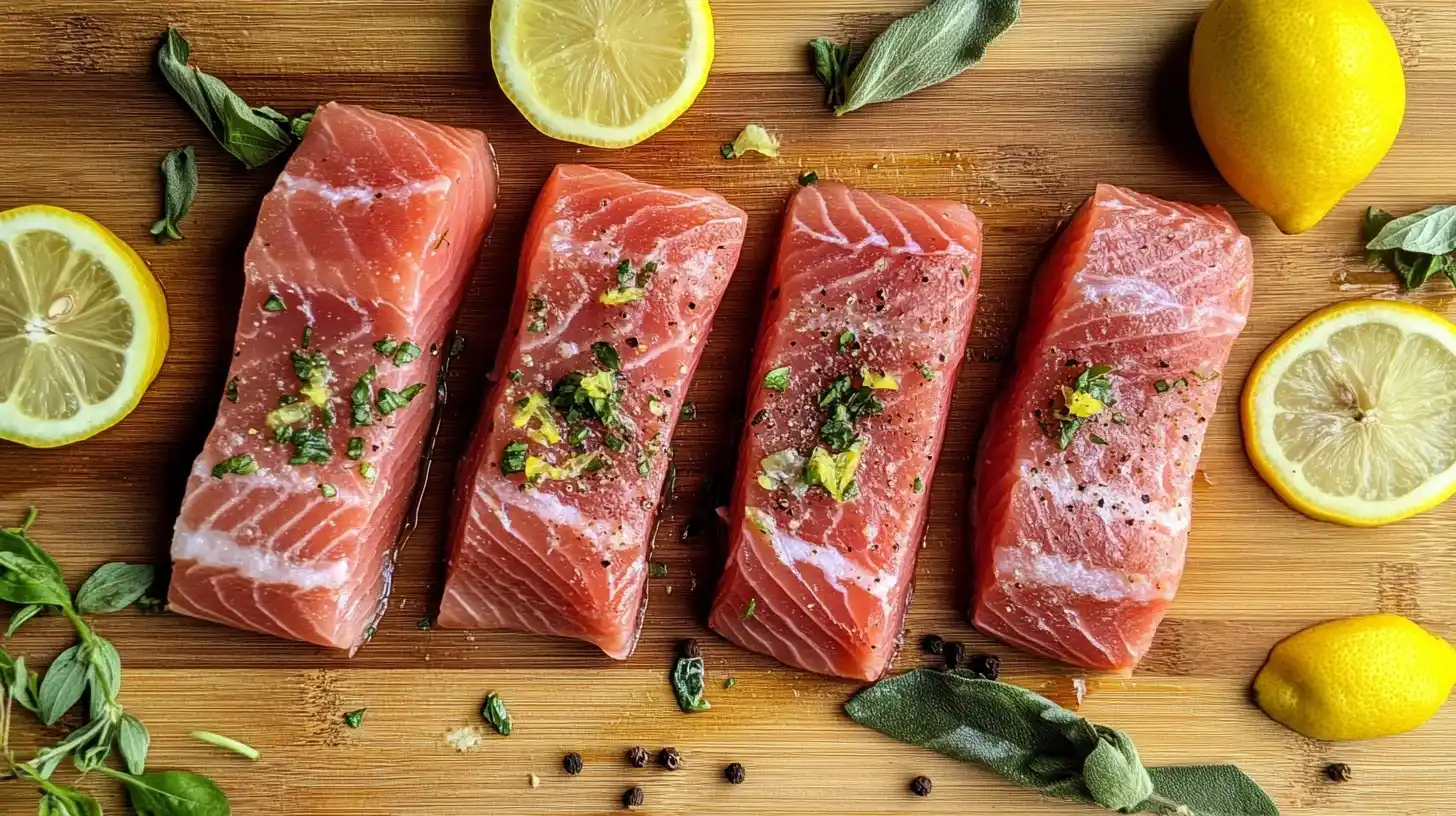 Raw salmon belly on a wooden cutting board with lemons and herbs.