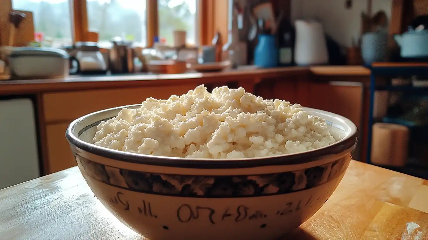 A creamy bowl of cooked cottage cheese served in a rustic kitchen, highlighting its smooth texture.