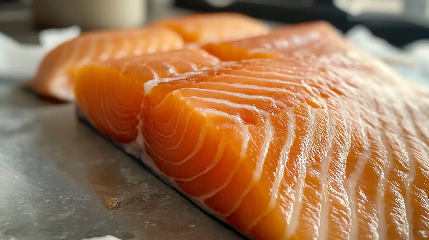 Fresh salmon belly slices with visible marbling on a wooden cutting board.