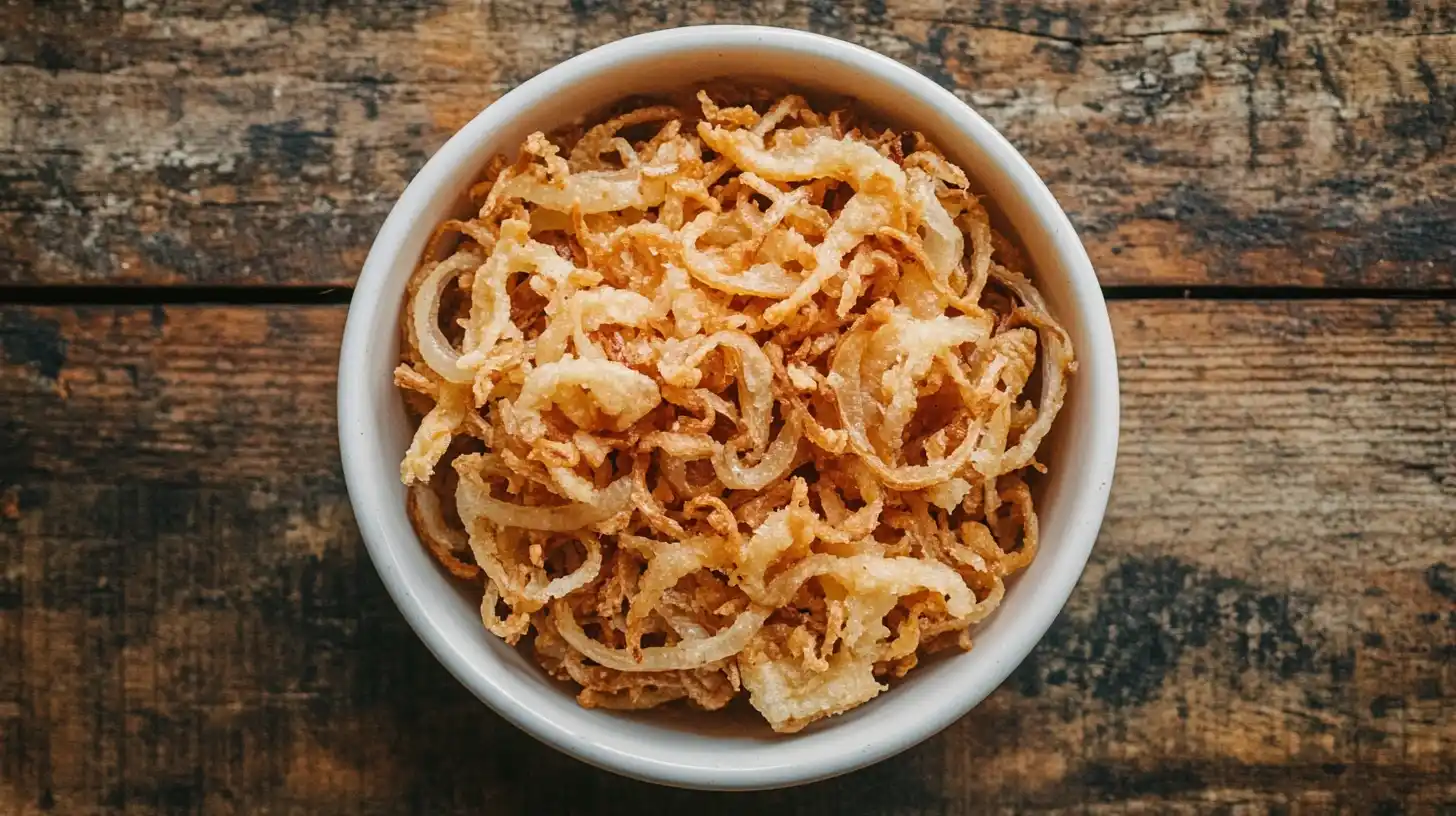 A bowl of crispy French fried onions on a rustic wooden table.