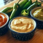 "A variety of creamy jalapeno sauce alternatives displayed with fresh jalapenos on a wooden board."