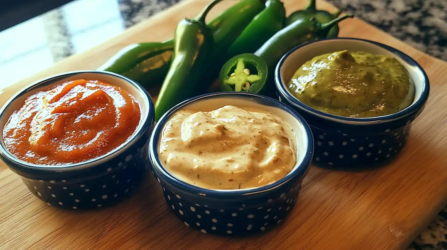 "A variety of creamy jalapeno sauce alternatives displayed with fresh jalapenos on a wooden board."