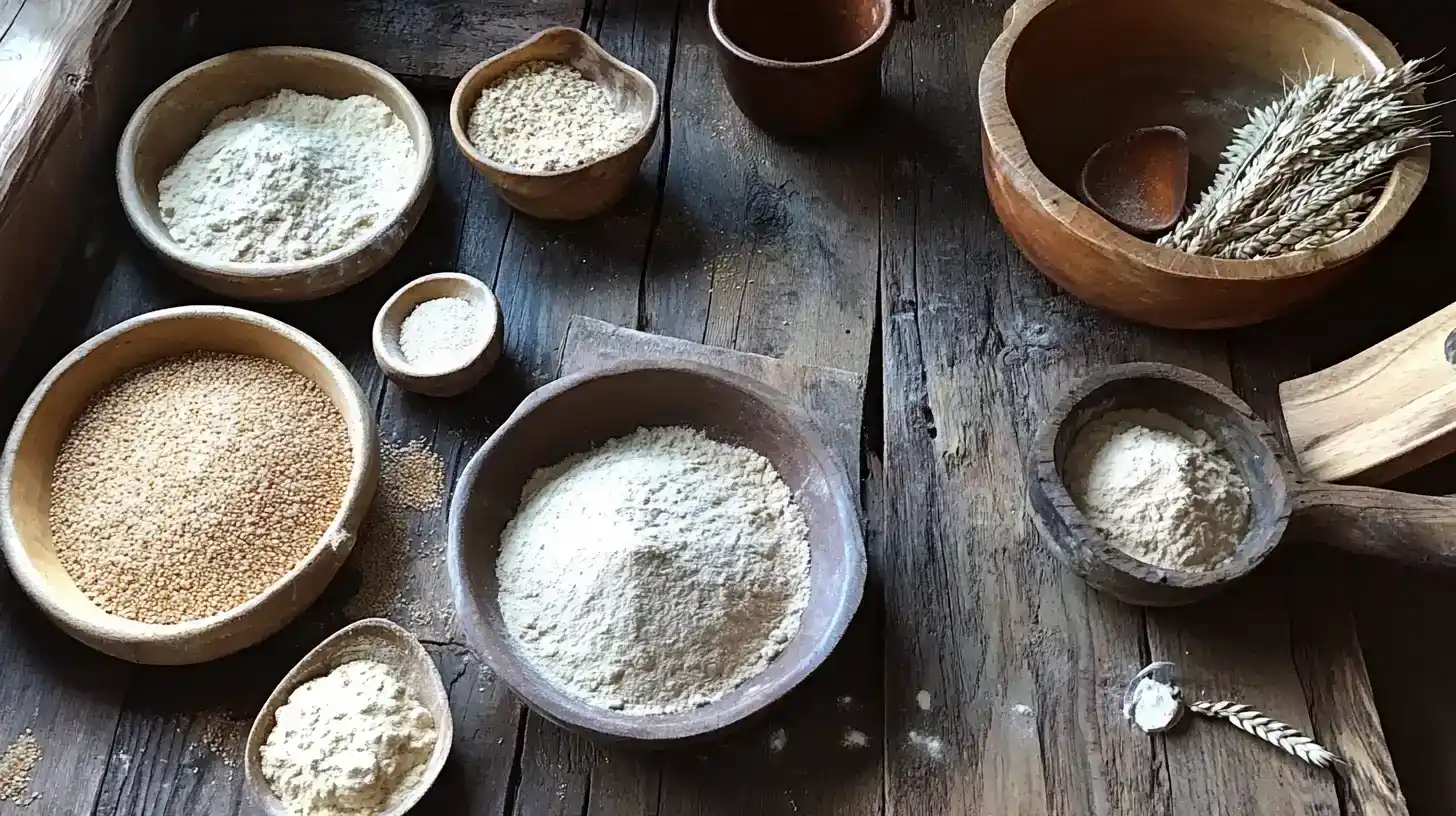 A beautiful flat lay of buckwheat flour, groats, and a bowl of flour on a rustic wooden table, perfect for gluten-free baking