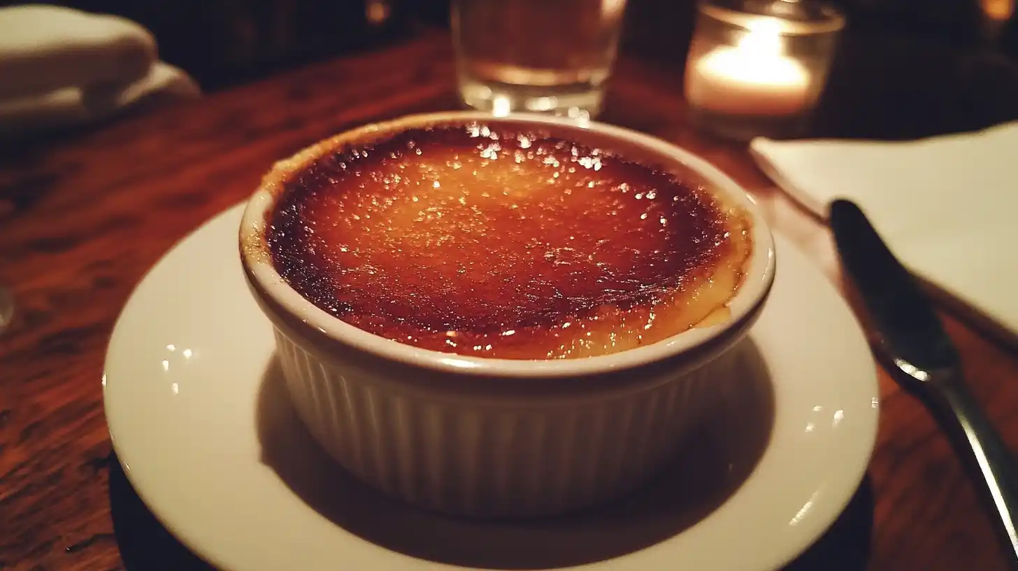 "Close-up of crème brûlée with caramelized sugar topping in a ramekin."