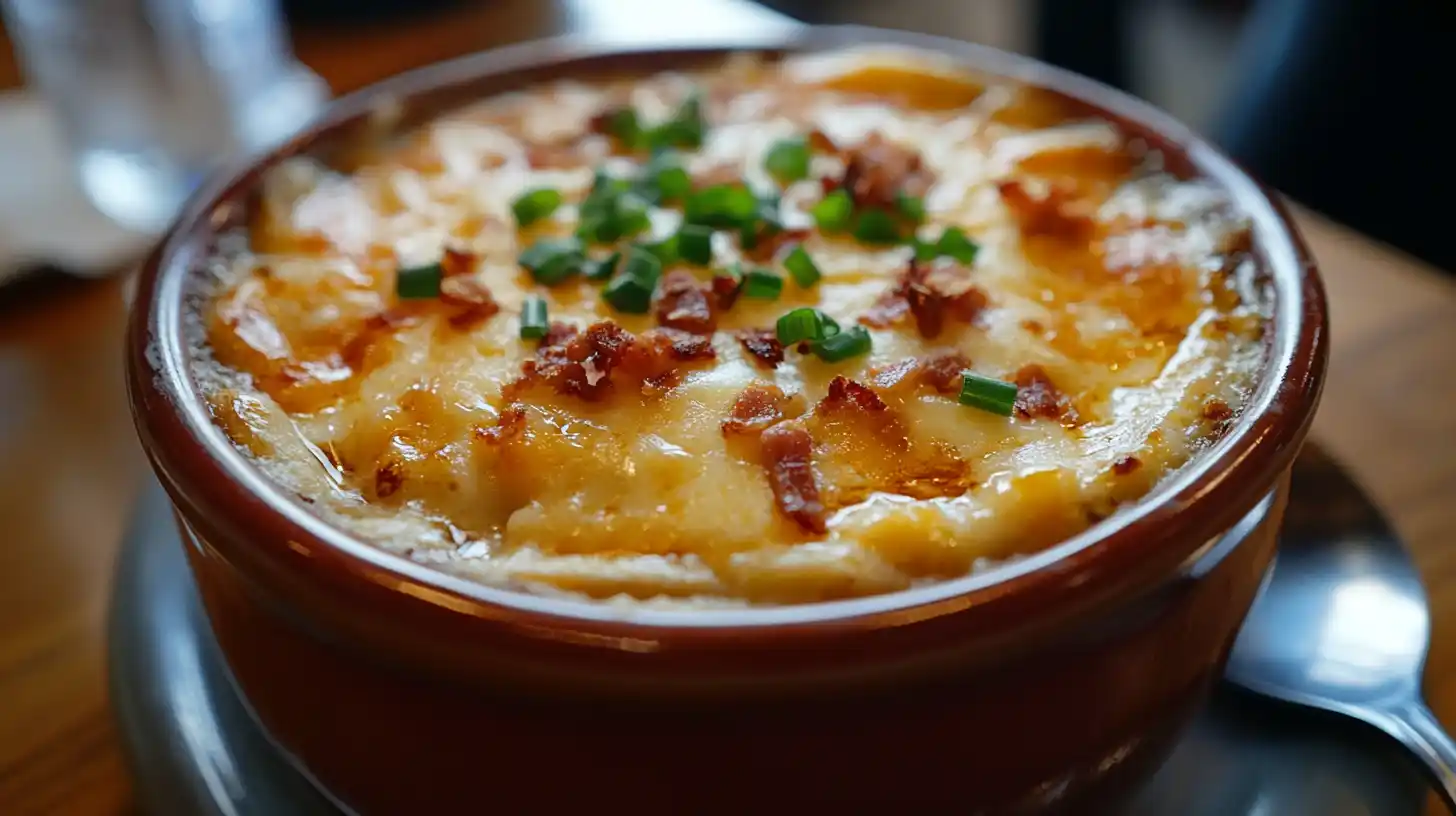 A bowl of Loaded Baked Potato Soup with cheese, bacon bits, and green onions at a restaurant table.