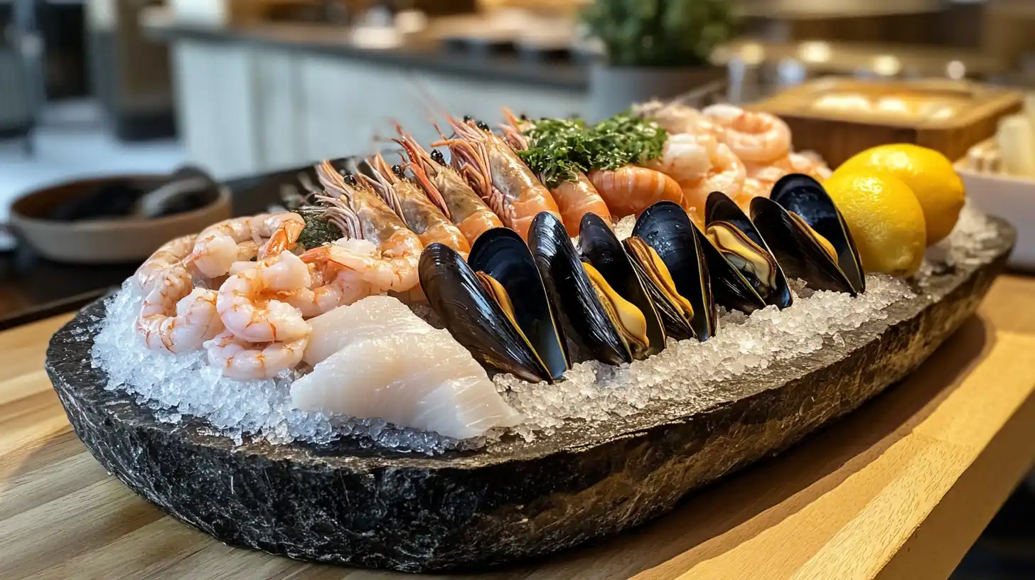 A fresh seafood mix with fish, shrimp, mussels, and squid on crushed ice.