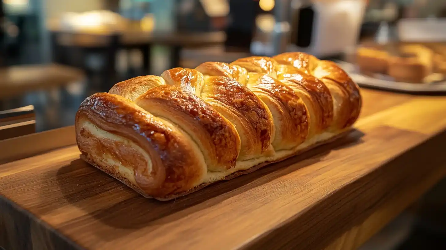 Freshly baked Cinnabon roll with steam rising on a wooden counter.