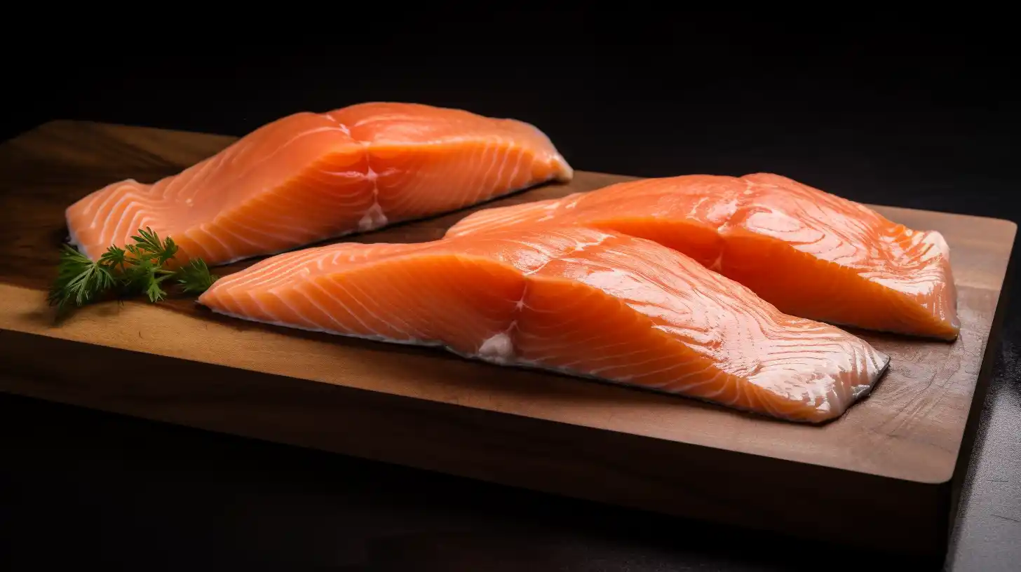 Fresh salmon belly fillets on a wooden cutting board, highlighting the rich marbling and vibrant orange color.