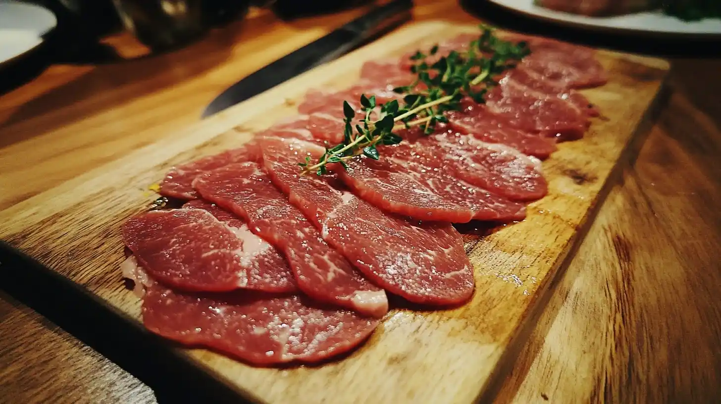 Thinly sliced raw beef on a wooden cutting board with fresh herbs.